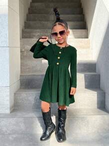 SHEIN 年轻女孩休闲纯色圆领纽扣装饰长袖针织连衣裙 - 綠色 - 查看 2
