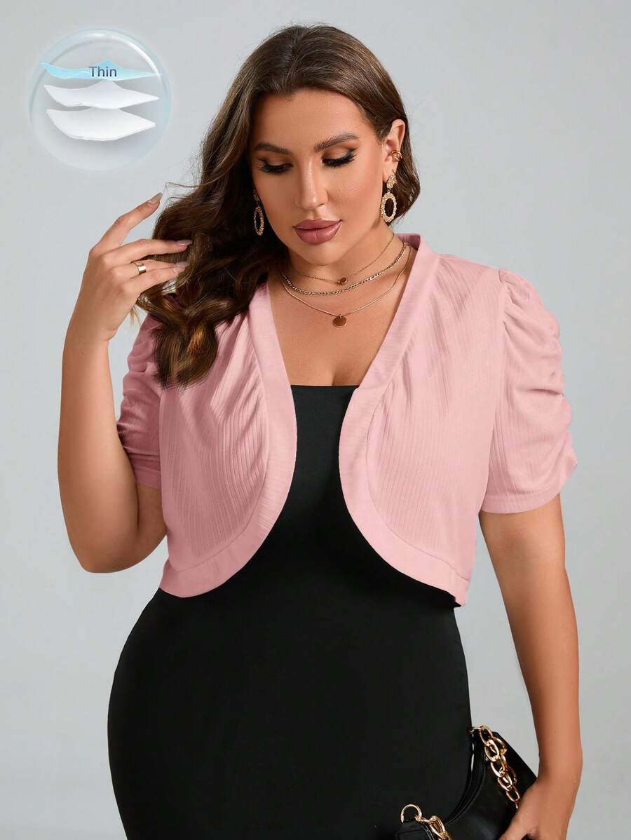 SHEIN Clasi Plus Puff Sleeve Open Front Crop Jacket Winter Fall Autumn - Dusty Pink - View 1