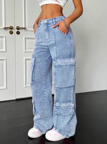 SHEIN PETITE Jeans anchos y amplios de algodón para mujer, con diseño sexy, pantalones cargo para mujer, pantalones color rosa intenso, pantalones para homecoming, jeans anchos, jeans anchos para mujer, jeans de tiro bajo