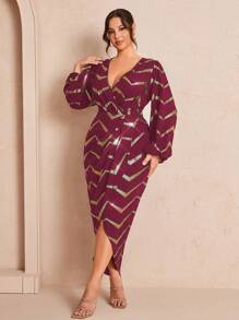SHEIN Unity 大码女式波浪条纹重叠 V 领灯笼袖裹身优雅连衣裙酒红色女装 - 酒紅色 - 查看 1