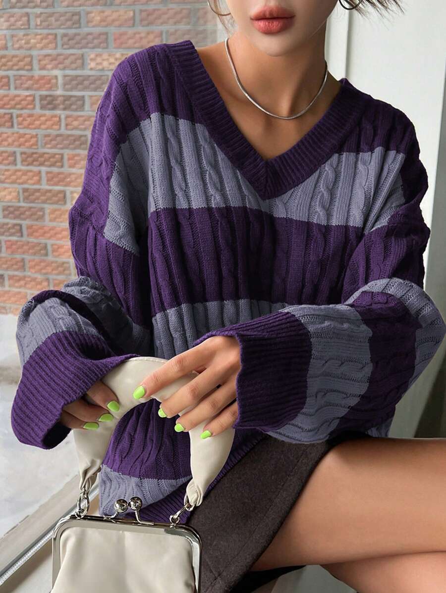 DAZY 女士休闲拼接色块条纹麻花针织落肩宽松套头衫，秋季服装 - 紫色 - 查看 1