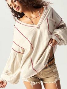 Bohemela Sudadera holgada informal para mujer de punto liso con cuello en V, hombros caídos y manga larga