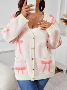 SHEIN VCAY Cárdigan informal con hombros caídos, manga larga y patrón de moño, de un solo abotonadura, para mujeres de talla grande, otoño/invierno