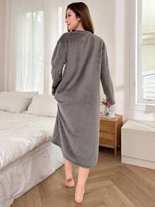 Softscene Cute Bear Embroidered Plush Long Sleeve Sleep Dress For Women, Moo Moo, For Fall Winter, Fluffy, Cozy - Grey - View 2