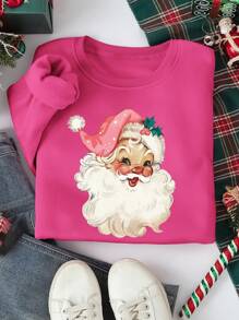 INAWLY 女士圆领长袖圣诞老人印花休闲运动衫、长袖上衣 - 玫紅色 - 查看 1