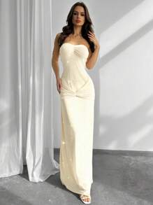 Firerie Elegant Sexy Women's Sequin Mesh See-Through Twist Front Dress With Scarf, Suitable For Party, Gala, Date - Apricot - View 5