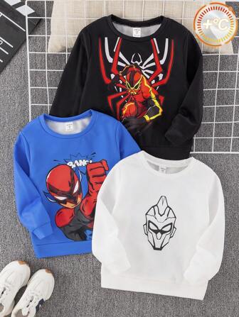 3er-Set lässige College-Sweatshirts für Kleine Jungen mit Cartoon-Superheld-Motiv, gemütlich warm in Schwarz, Rot, Blau, Geschenkset mit Rundhalsausschnitt und Langarm, geeignet für Schulanfang, Geburtstag, Babyparty, Herbst- und Winterfeste