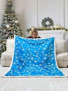 1pc Christmas Sherpa Blanket, Blue Snowflake Pattern - Soft Fluffy Fleece Blanket, Warm Furry Christmas Decor, Cozy Holiday Cabin Sofa Throw, Winter