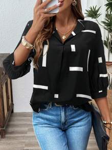 SHEIN LUNE Christmas Women Clothes Women's Casual Office Blouse, Teacher Work Uniform, Party Wear, Sequin Print Black Shirt New Years Outfit - Multicolor - View 1