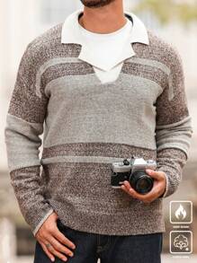 Manfinity Homme Men's Casual Loose Fit Color Block Dropped Shoulder Pullover Sweater, Autumn/Winter