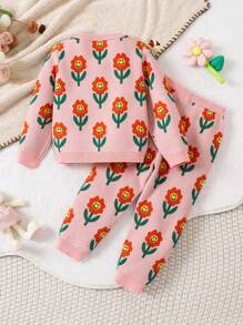 Colorful Dopamine Floral Intarsia Sweater And Knitted Pants 2-Piece Outfit For Baby Girl, Showcases A Vibrant And Lively Style