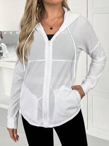 SHEIN Maternity Solid Color Front Zipper Long Sleeve Pocket Casual Hooded Sweatsuit - White - View 4