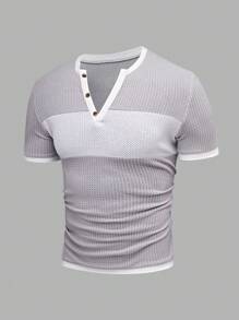 Manfinity Homme Men's Contrast Color V-Neck Button Front Summer Short Sleeve Casual T-Shirt