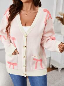 SHEIN VCAY Cárdigan informal con hombros caídos, manga larga y patrón de moño, de un solo abotonadura, para mujeres de talla grande, otoño/invierno