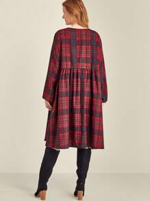 SHEIN Clasi V-Neck Single-Breasted One-Piece Long Sleeve Plaid Dress Fall Cloth For Women - Red - View 2