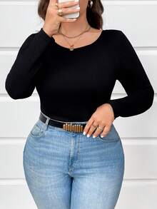 SHEIN LUNE 1pc Plus Size Women Solid Color Long Sleeve Minimalist Backless Butterfly T-Shirt, Casual Daily Wear Graphic Tees Women Tops For Spring - Black - View 5