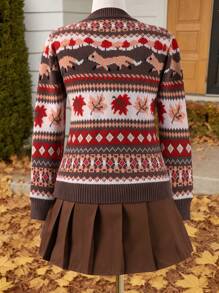 SHEIN 2pcs Girls Autumn/Winter Knitted Loose Maple Leaf & Geometric Pattern Sweater And Pleated Mini Skirt Set