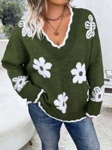 Calvaya 1 件大码撞色块花卉细节休闲套头毛衣，简约设计，长袖，冬季 - 墨綠色 - 查看 5