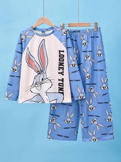 LOONEY TUNES X SHEIN Conjunto de pijama de 2 piezas para niño preadolescente con parte superior de manga larga con estampado de dibujos animados y contraste de color, y pantalones sueltos