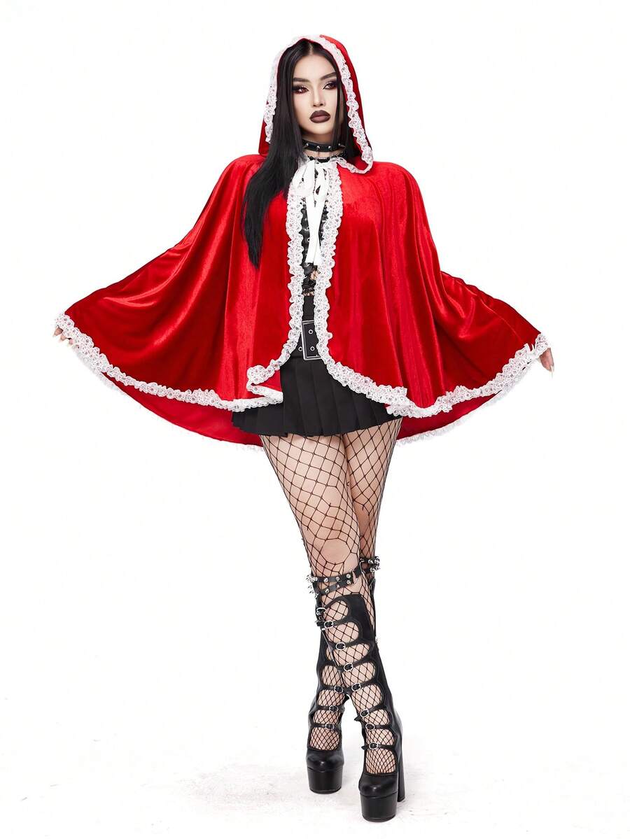 SHEIN Whyspr Red Velvet And White Lace Splice Short Christmas Hat Cape