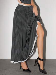 SHEIN ICON Falda midi plisada a rayas de cintura baja con decoración de encaje para mujer