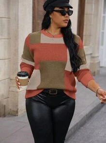 Calvaya Plus Size Crew Neck Long Sleeve Patchwork Minimalist Casual Pullover Sweater, For Winter Knit Pullover Fall - Burnt Orange - View 7