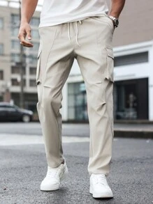 Manfinity Homme Plus Size Men Solid Color Drawstring Waist Cargo Pants, Going Out Plain Casual Pants Khaki Slacks Pants, For Husband, Boyfriend Gifts - Beige - View 4