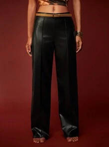 Opulessa Calça Pantalona de Cor Sólida Simples com Detalhe de Cinto, Uso Diário Casual - Preto - Visão 4