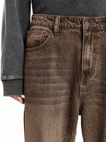 Manfinity Roghcode Men's Dark Blue Vintage Washed Slim Flared Jeans - Brown - View 4