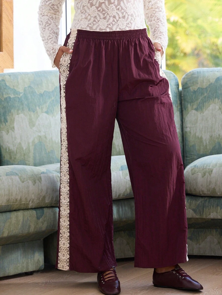 Aralina Curve Sporty Nylon With Lace Stripe Fashion Detail Mid Rise Wide Leg Pants