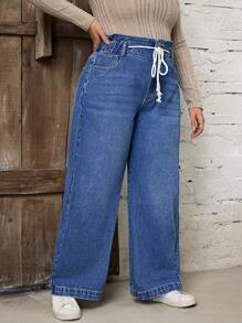 SHEIN LUNE Plus Size Tie Front Pocket Simple Design Casual Jeans