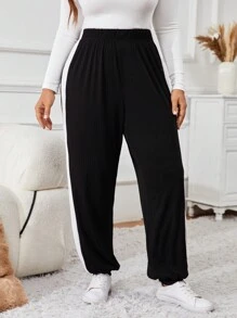 SHEIN VCAY 大码纯色拼接高腰简约休闲运动裤，日常穿着 - 黑色 - 查看 5