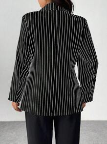 Vionelle Plus Size Striped Print Single Button Elegant Business Casual Long Sleeve Blazer Jacket,Black And White,Autumn,Formal,Teacher Outfits For Women Fall - Black - View 3