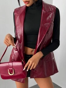 SHEIN SXY Chaleco de mujer de estilo vintage en PU rojo oscuro, para otoño/invierno