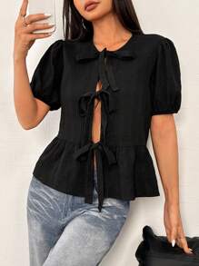 Muchica 1 chiếc áo sơ mi tay bồng dệt trơn màu đơn giản dành cho nữ - màu đen - Xem 2