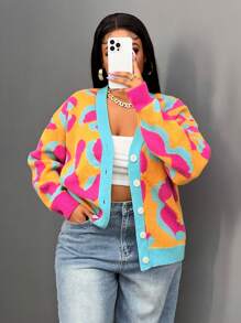 Slaydiva Leopard Print Loose Fit Crew Neck Long Sleeve Women Sweater, Winter