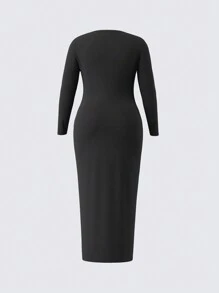 SHEIN BASICS Casual Solid Color Knit Round Neck Long Sleeve Slim Fit Plus Size Long Dress, Cozy Chic, Daily Commute, Warm Comfort - Black - View 2