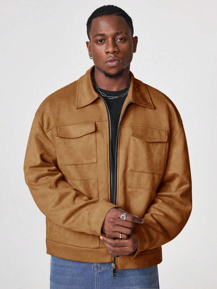 Manfinity NXTstreet Men's Solid Color Long Sleeve Utility Pocket Casual Shacket, Autumn/Winter - Khaki - View 1