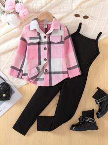 SHEIN 2 件套年轻女孩咖啡格子衬衫和黑色连体裤，优雅休闲装 - 淺粉色 - 查看 1