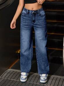 Sparklyn 少女 Y2K 大胆时尚，校园精神全年必备时尚单品，休闲日常百搭舒适宽松直筒水洗牛仔裤 - 深色水洗藍 - 查看 3