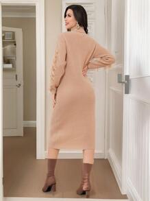 Seusyu Women Solid Color Turtleneck Fringe Trim Long Sleeve Sweater Dress Fall Cloth For Women - Apricot - View 2
