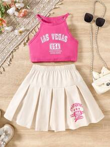 SHEIN 女童 2 件套：字母印花吊带背心和褶皱迷你裙