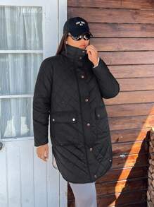 SHEIN EZwear 大码女式黑色侧开衩休闲外套，冬季 - 黑與白 - 查看 7