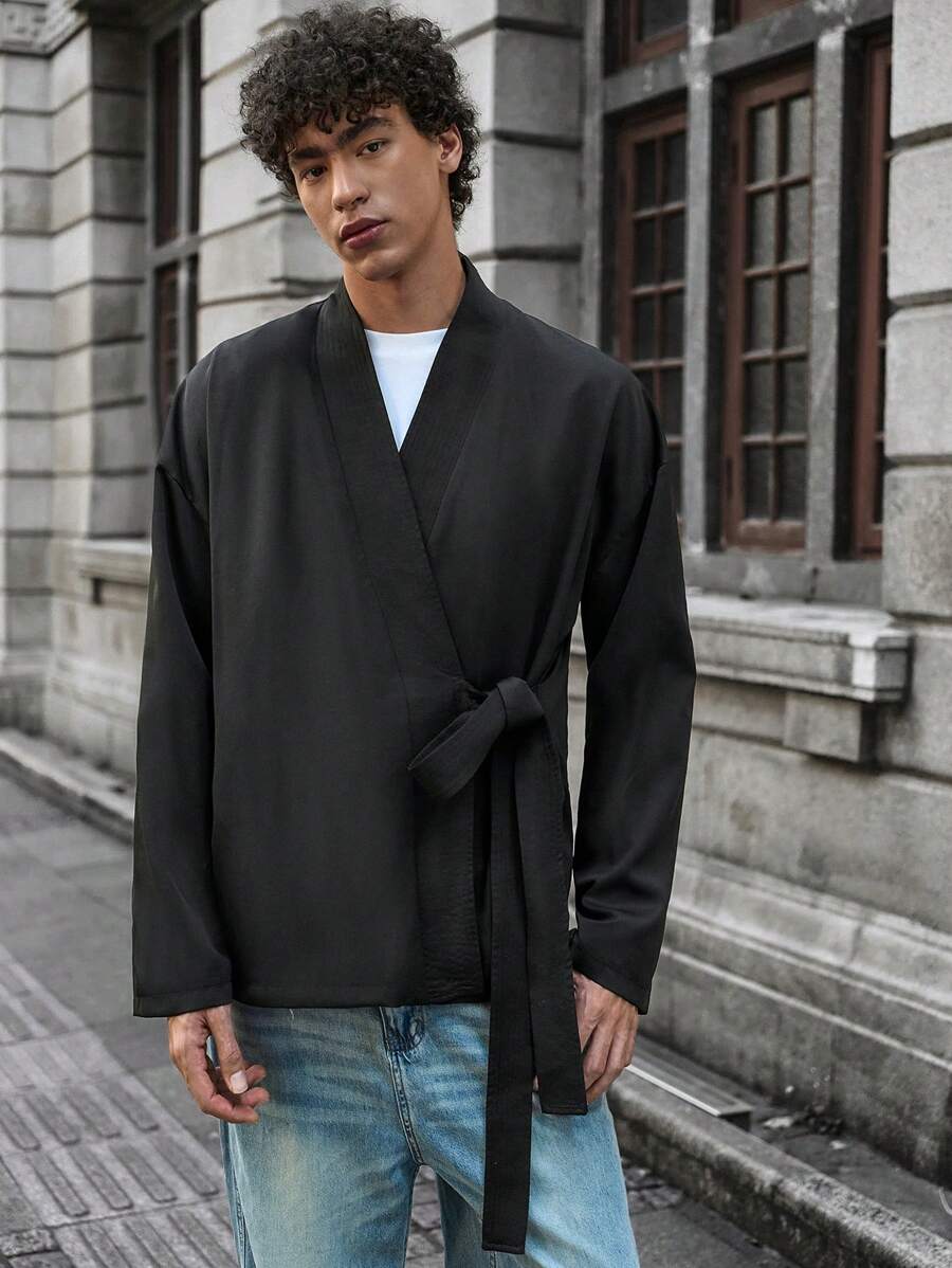 Manfinity VCAY Men's Fashion Casual Loose Fit Long Sleeve Drawstring Waist Trench Coat, For Young People, For Fall Winter