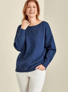 EMERY ROSE Plus Solid Color Crew Neck Casual Versatile Long Sleeve Pullover Sweater Knit Pullover Fall Winter - Navy Blue - View 3