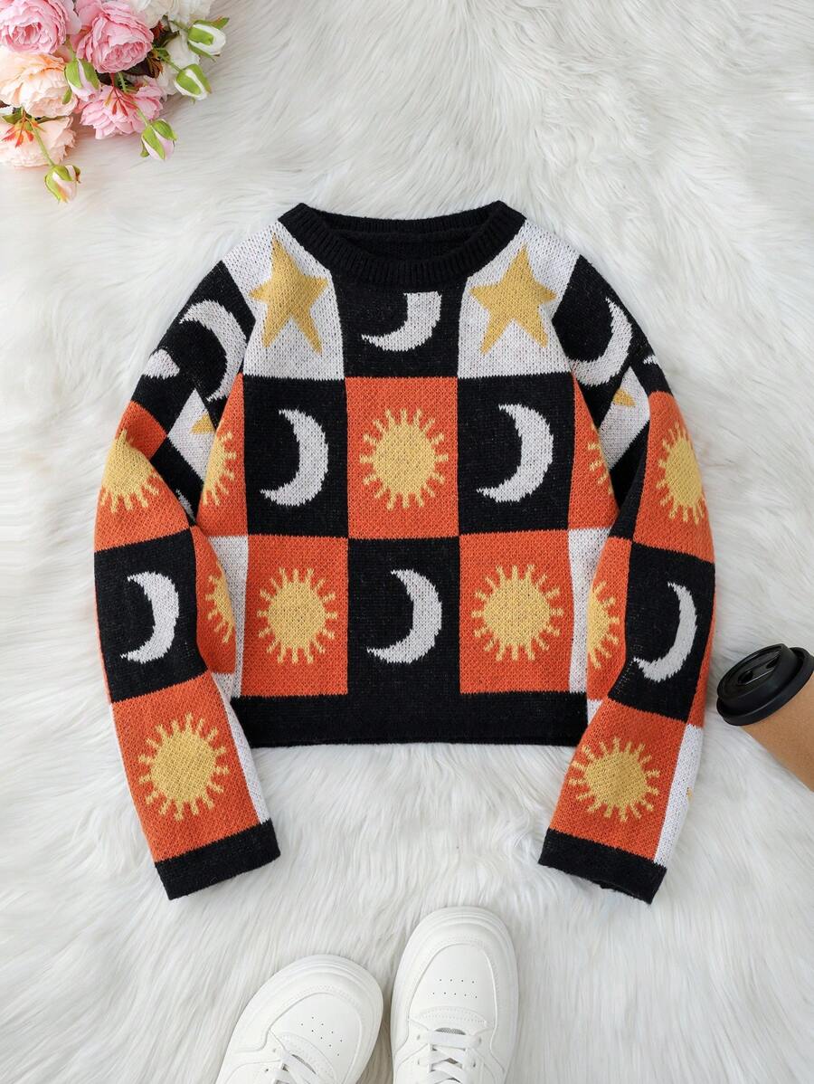 Teens Girls Crew Neck Long Sleeve Graphic Detail Casual Sweater