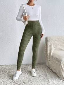 SHEIN Frenchy Leggings sin costuras, elásticos de cintura, con acanalado de unicolor