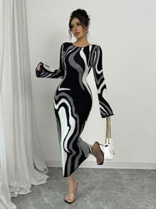 Elenzga Women Round Neck Bell Sleeve Color Block Fitted Waist Sweater Dress