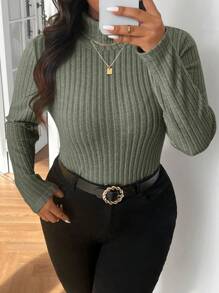 SHEIN Frenchy Áo thun cổ lọ bó sát có gân cỡ lớn, mùa đông - màu xanh lá - Xem 4