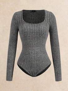 SHEIN Frenchy Set de 2 piezas de body acanalado gris y pantalones, conjunto de entrenamiento cómodo, chándal, estilo informal, body de manga larga y pantalones de pierna ancha, esenciales básicos de otoño e invierno, pantalones holgados, manga larga, ropa de invierno